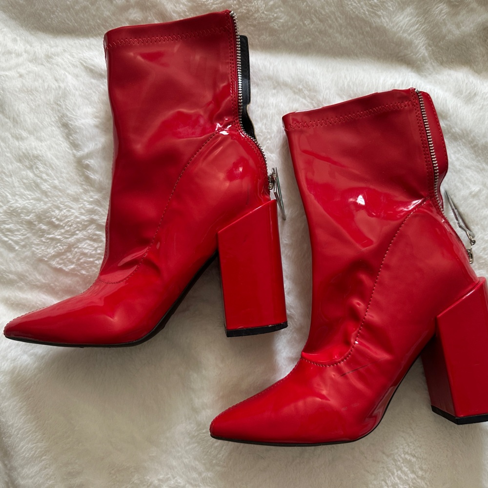 Ego Shiny Red Pointed Toe Block Heel Boots - image 4